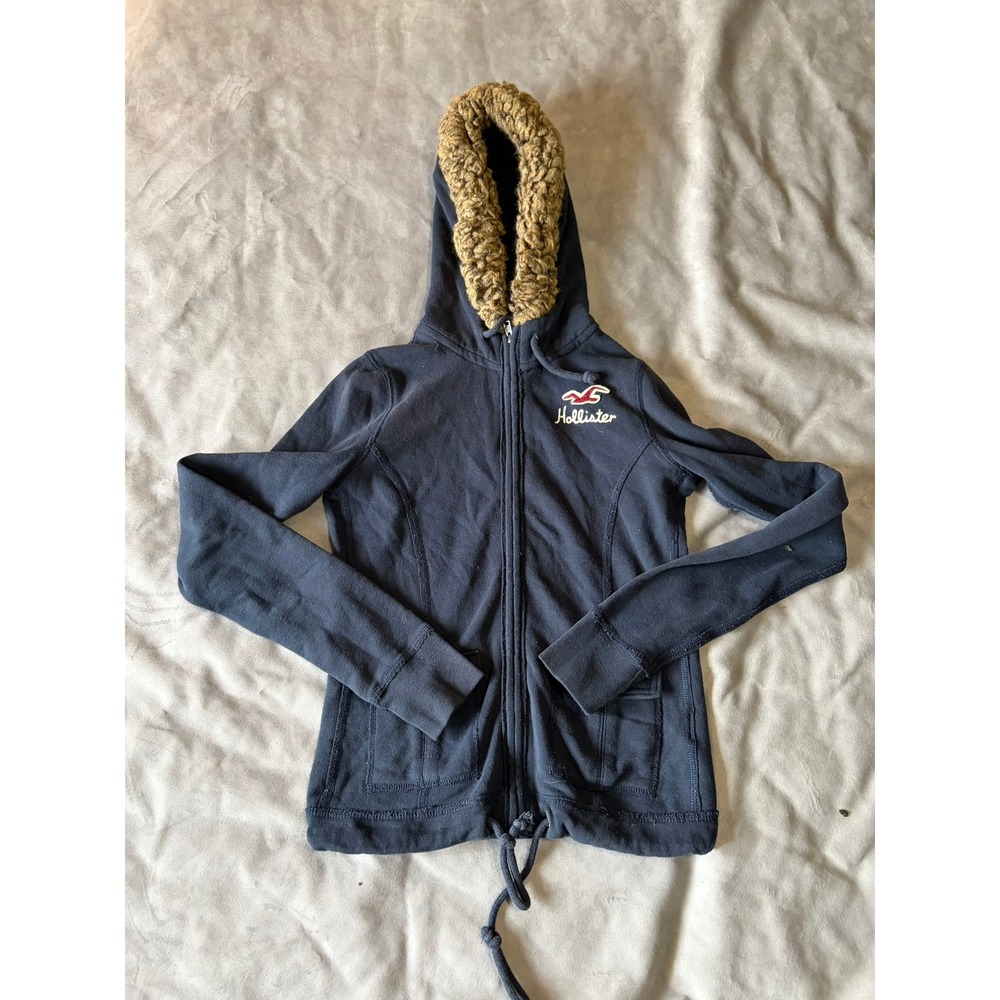 Hollister Navy Blue Full Zip Hoodie Faux Fur Trim Hood Sweatshirt XS